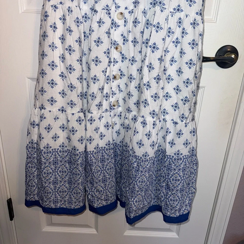 Blu Pepper Blue and White Casual Sundress with V-Neck and Dolman Cap Sleeves